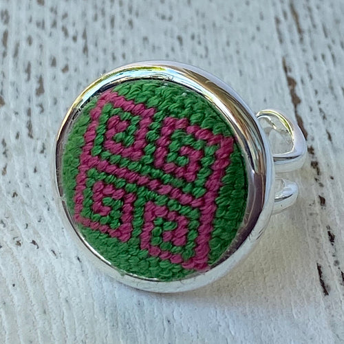 Pink and Green Greek Key Needlepoint Ring