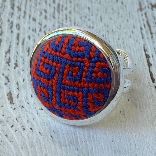 Orange and Blue Greek Key Needlepoint Ring
