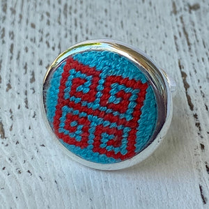 Blue and Red Greek Key Needlepoint Ring