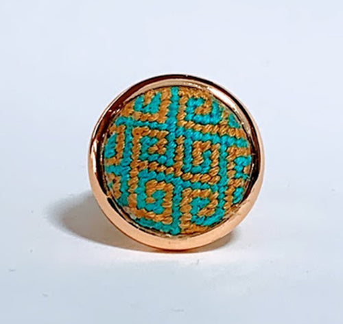 Turquoise & Gold Greek Key Needlepoint Ring